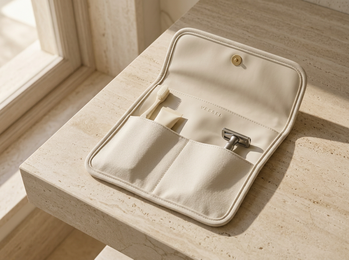 The detachable VESSEL hygiene pouch open on a travertine ledge, showing canvas compartments holding a toothbrush, toothpaste and razor