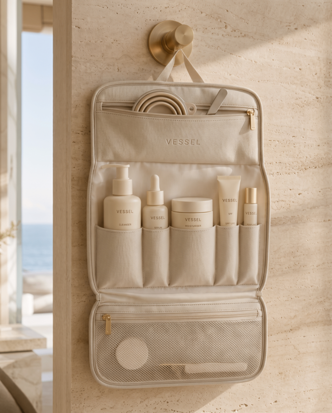 The VESSEL bag hanging open with five matched containers loaded in its pockets