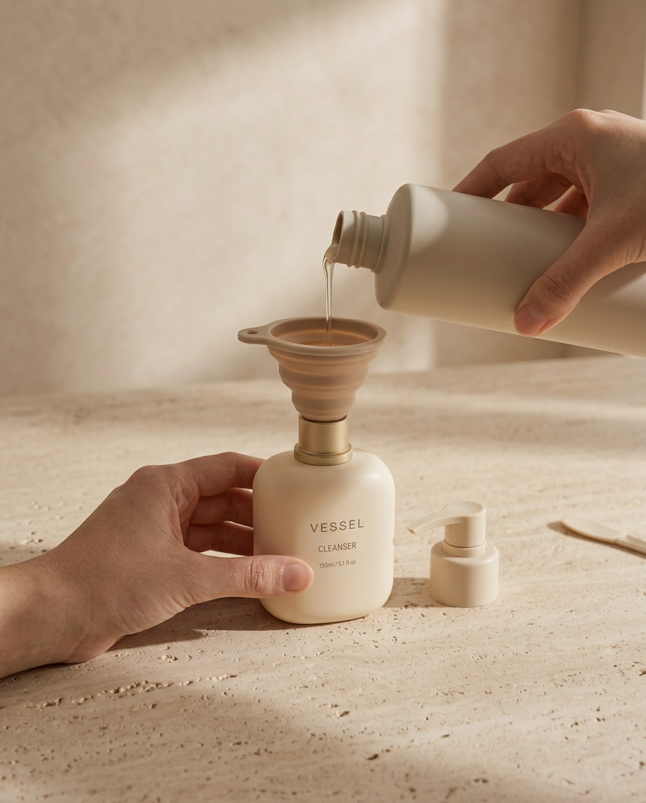 Cleanser being transferred through the collapsible funnel into a refillable VESSEL container