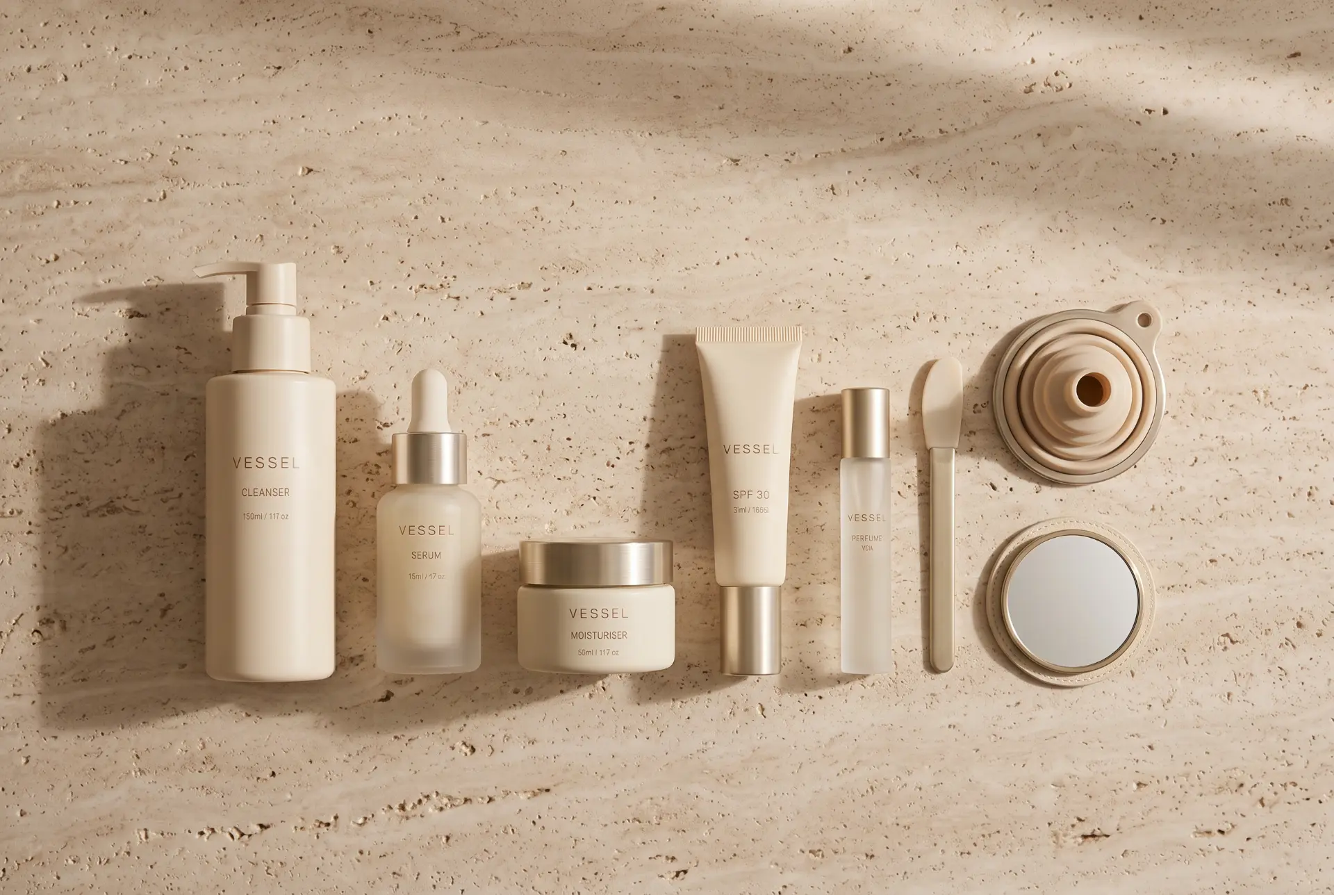 The VESSEL container formats — pump, dropper, jar, tube and fragrance atomiser — laid out with the reusable decanting funnel and spatula