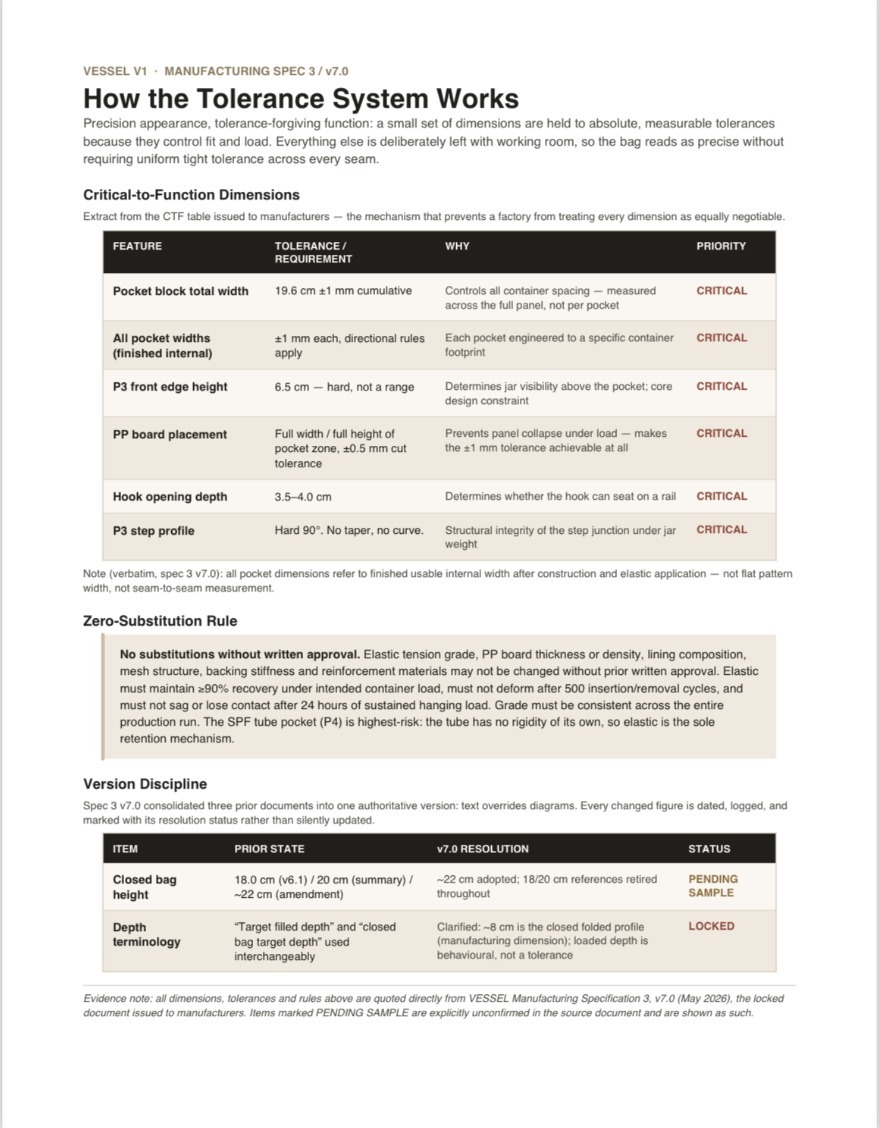 A page from the VESSEL manufacturing specification setting out function-critical and general tolerances