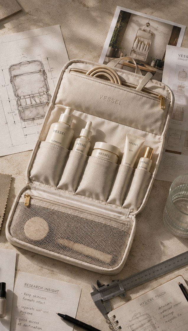 The VESSEL travel skincare system open on a working desk — the bag loaded with its cleanser, serum, moisturiser, SPF and fragrance containers, surrounded by specification drawings, material swatches, callipers and research notes