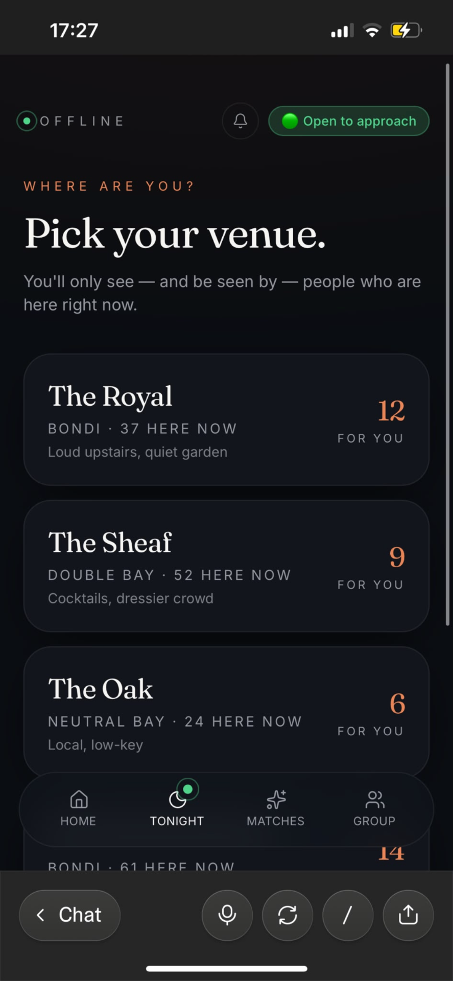 OFFLINE prototype — the live venue list showing how many people are checked in at each place