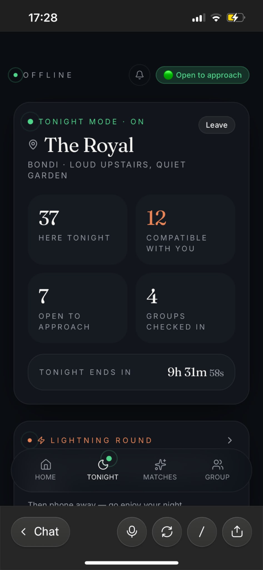 OFFLINE prototype — a checked-in venue showing a compatibility count and a countdown to when the night ends