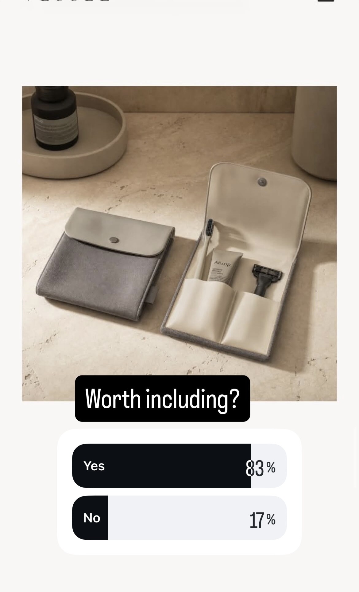The hygiene pouch concept, put back to the same group — “Worth including?” Yes 83%, No 17%.