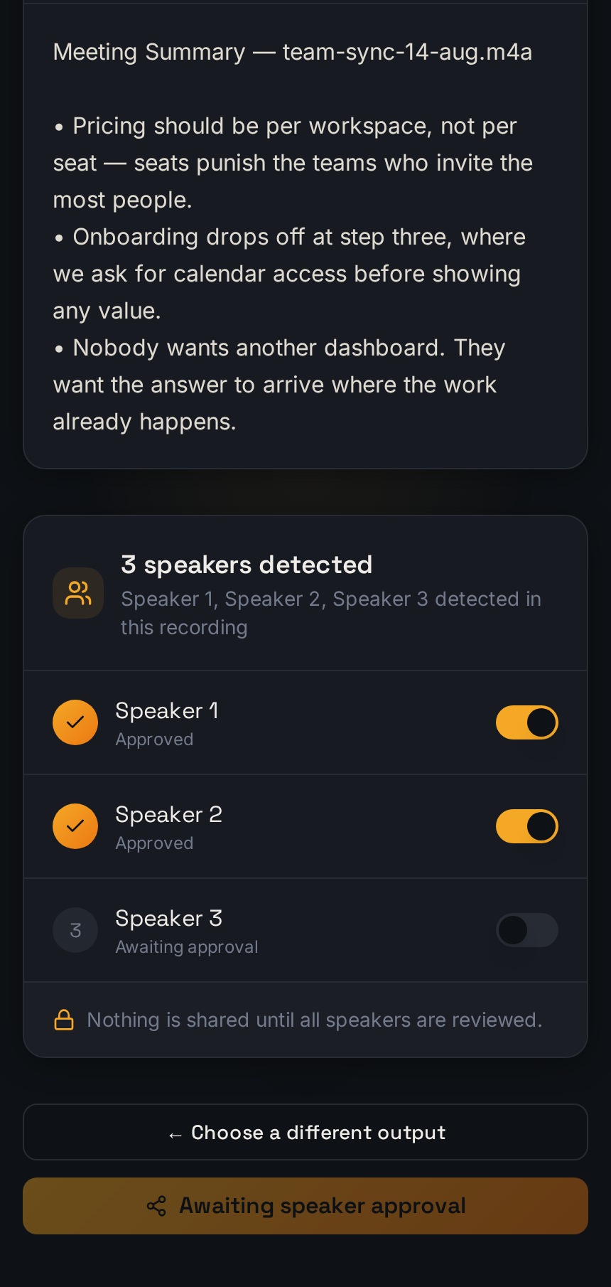Relay prototype — every detected speaker must approve before anything is shared